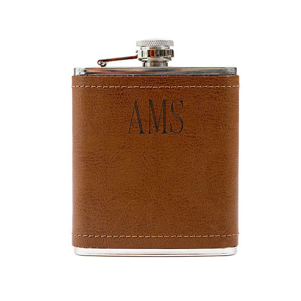 Personalized  laser engraved with your name or monogram stainless steel flask with leather wrapping is the coolest camping gift for him