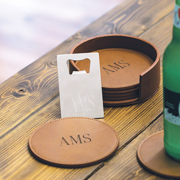silver Engraved Bottle Opener and monogrammed drink coasters