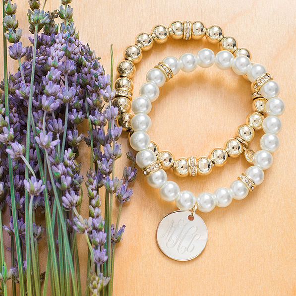 Personalized Pearl Bracelet Stack with flowers