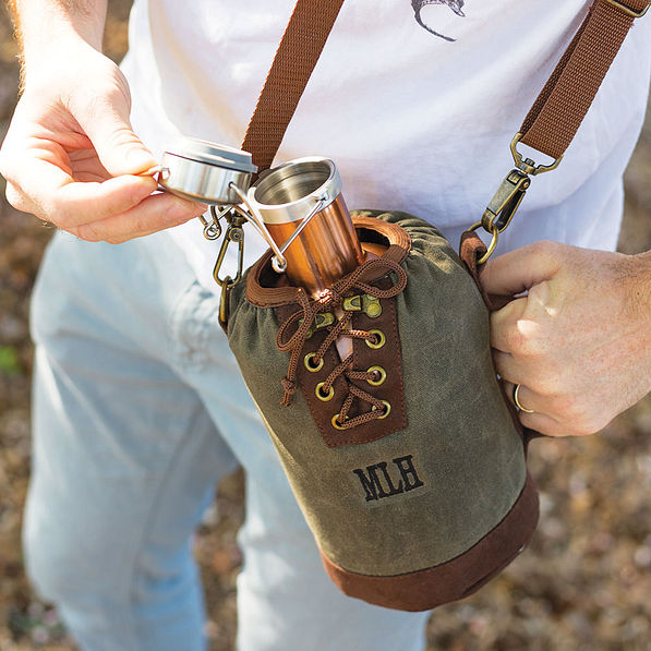 copper growler in canvas tote bag