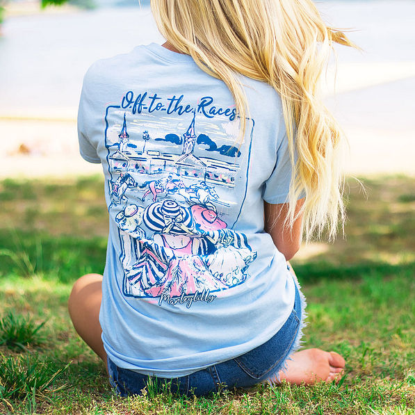 monogrammed derby horse race short sleeve blue t-shirt