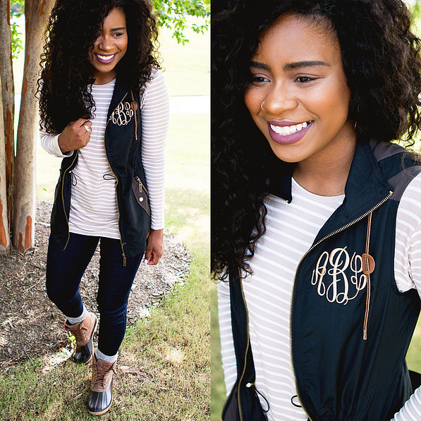 monogrammed utility vest with dropped hem tunic and duck boots
