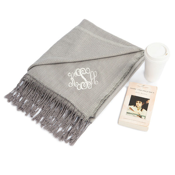 monogrammed tassel throw blanket with pride and prejudice book