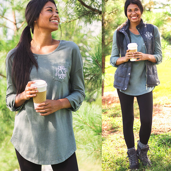 monogrammed rustic tunic with monogrammed heathered quilted vest and monogrammed duck boots