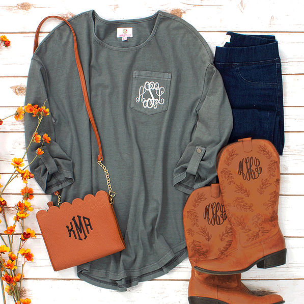 personalized rustic tunic with monogrammed scalloped crossbody and monogrammed cowboy boots