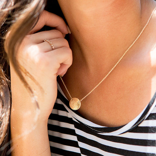 delicate gold circle necklace with monogram