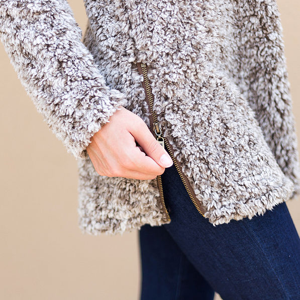 side hem zipper on brown heathered sherpa