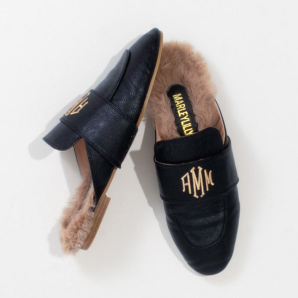 Monogrammed Fur Lined Slide on Loafers in Black