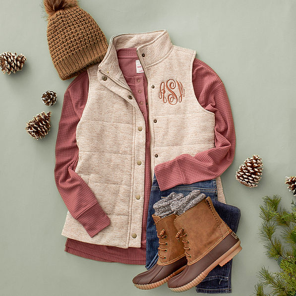 heathered quilted oatmeal monogrammed vest with waffle henley