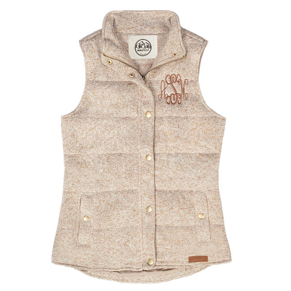 monogrammed heathered quilted vest in oatmeal monogrammed heathered quilted vest in oatmeal