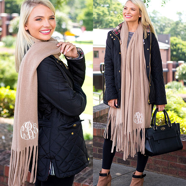 model wearing personalized large fringe scarf in camel