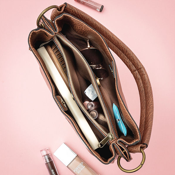 camel brown cheyenne purse inside shot