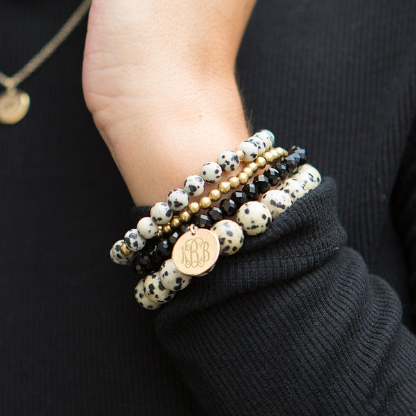 monogrammed bracelet stack with spotted bracelets