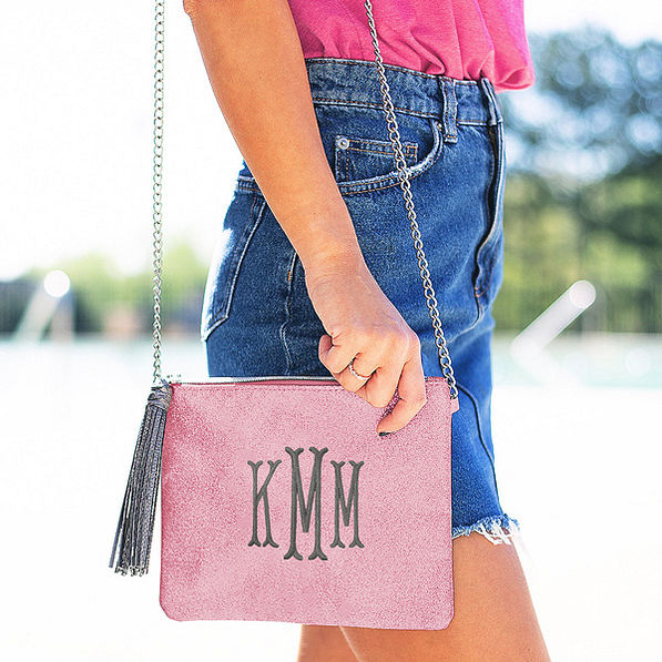 rose gold monogrammed glitter crossbody with jean skirt