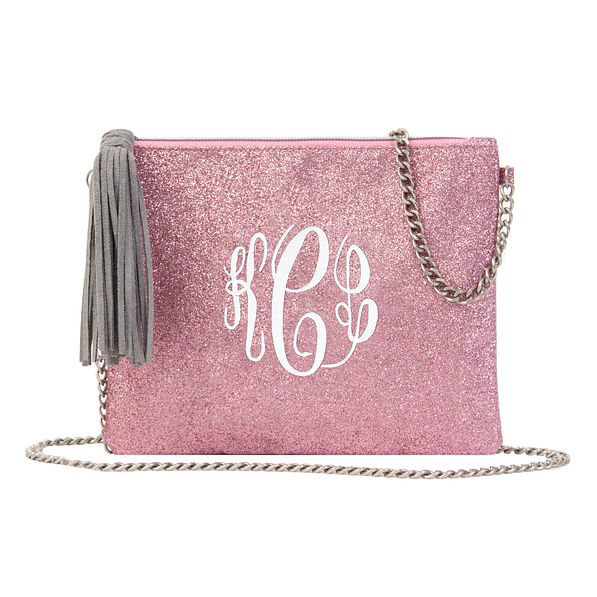 monogrammed rose gold glitter crossbody