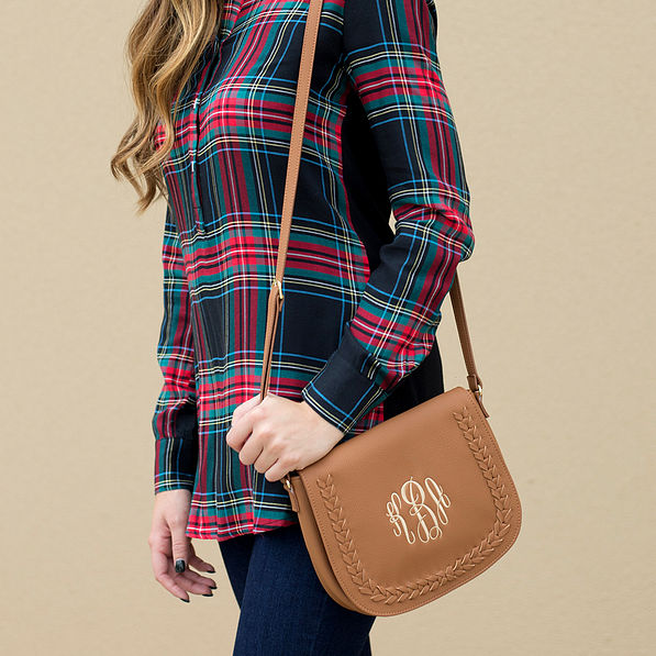 monogrammed interchangeable crossbody with plaid top