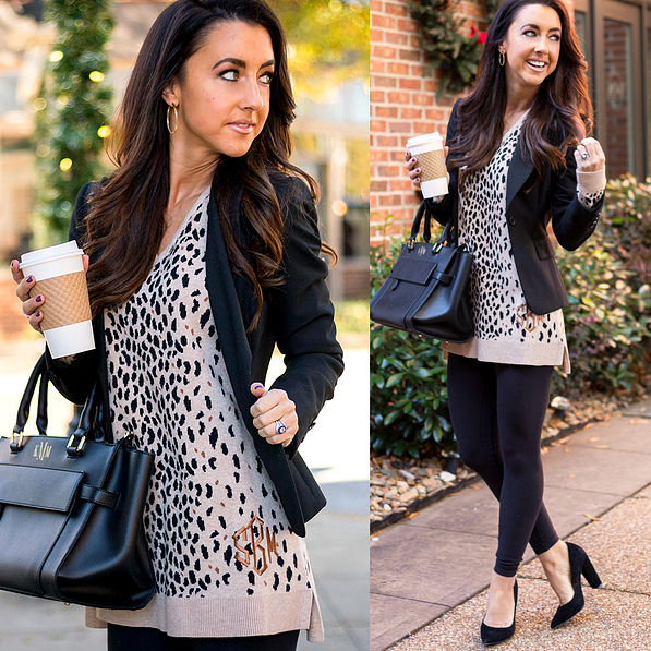 monogrammed leopard print sweater with blazer and heels