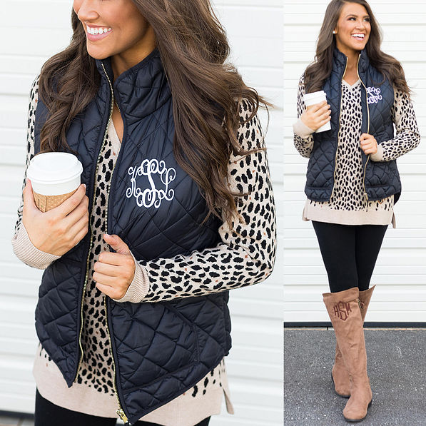 monogrammed leopard sweater with monogrammed puffy vest