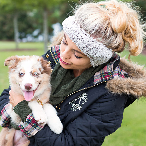 tan sherpa ear band with monogrammed quilted puffy jacket and puppy