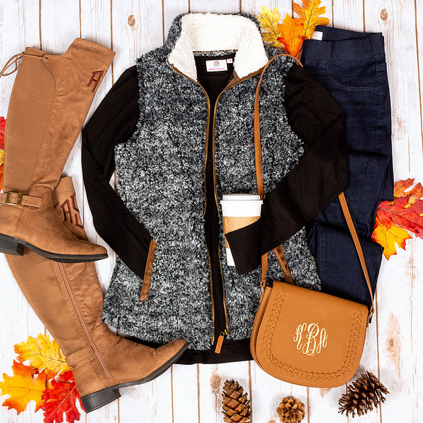 heathered sherpa vest with monogrammed riding boots and monogrammed interchangeable crossbody fall outfit