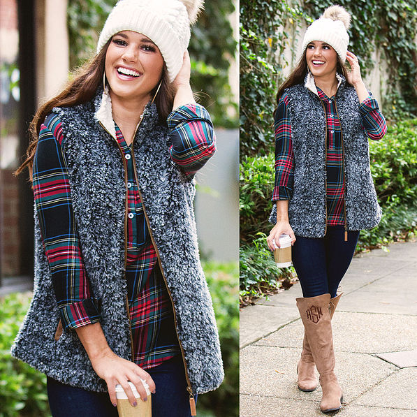 heathered sherpa vest with collared layering tunic and monogrammed riding boots