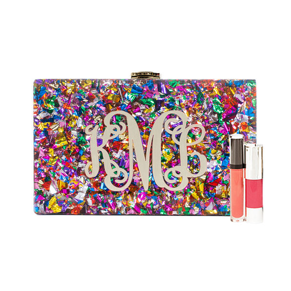 monogrammed confetti box clutch