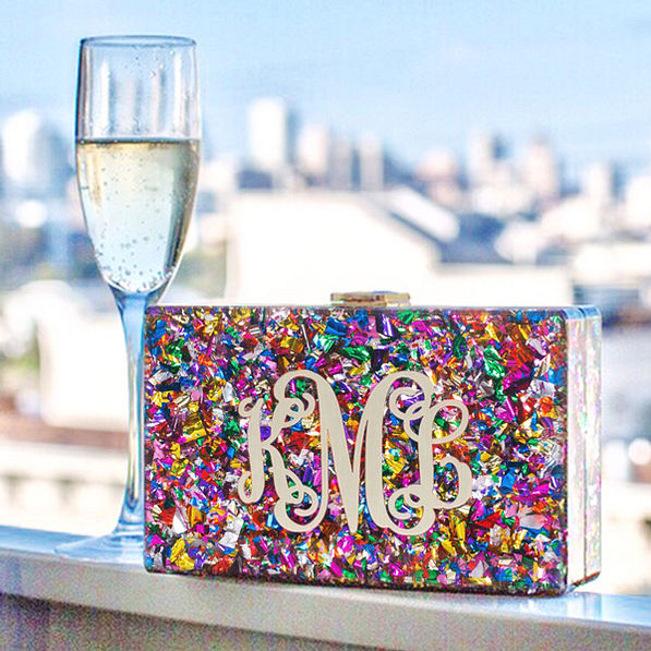personalized confetti box clutch