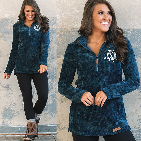 teal monogrammed pullover with monogramed duck boots and leggings