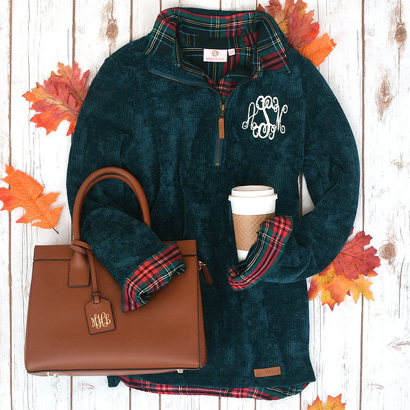 monogrammed teal corduroy pullover tunic with monogrammed sophie handbag