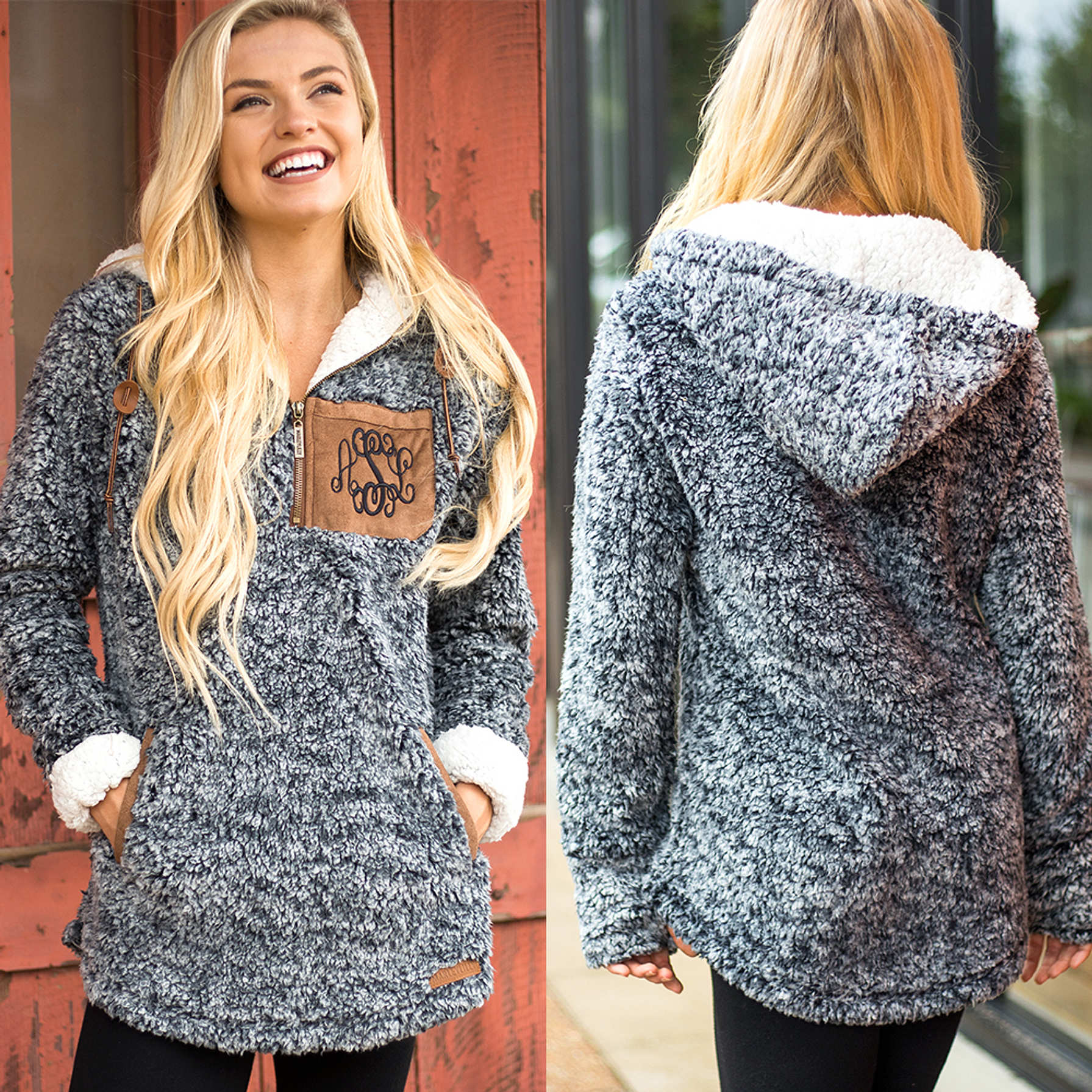 Embroidered Star Sherpa Hoodie Black