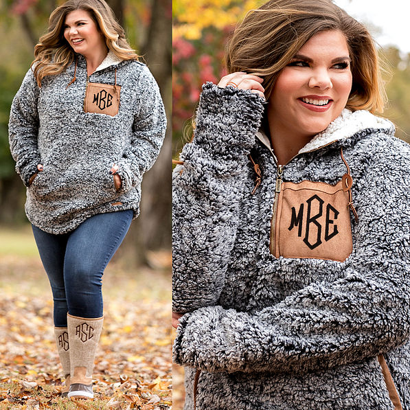 monogrammed sherpa hoodie with tall duck boots