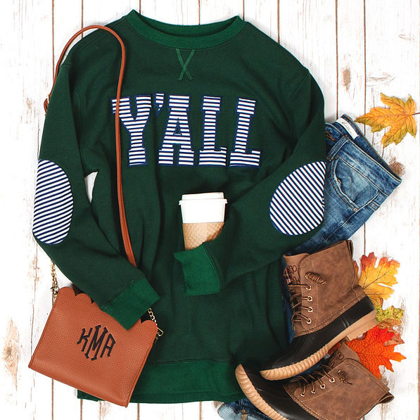 y'all pullover sweatshirt in green with striped elbow patches