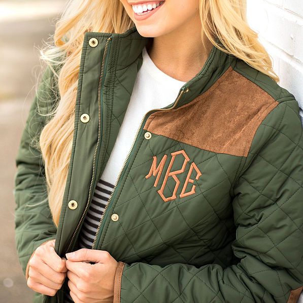 monogrammed olive barn coat with faux suede accents
