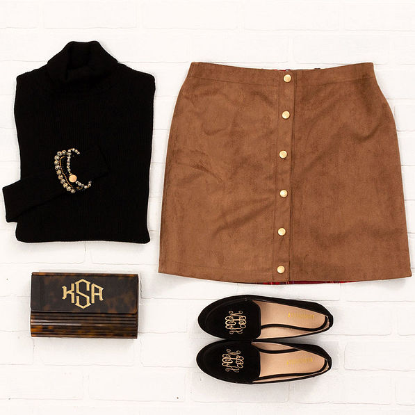 monogrammed hard tortoise clutch with reversible skirt and loafers