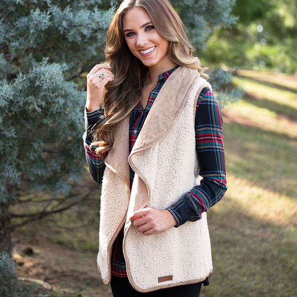 reversible sherpa vest with plaid layering tunic
