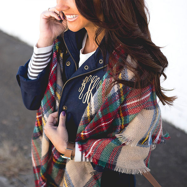 navy monogrammed field coat with camel plaid blanket scarf