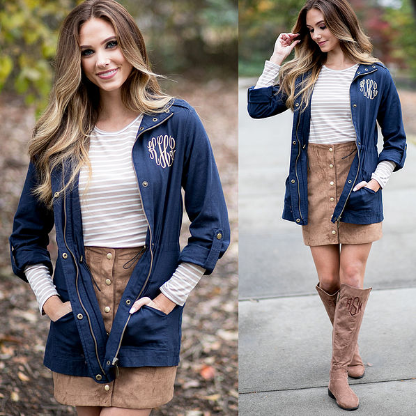 navy monogrammed field coat with striped tunic and reversible skirt