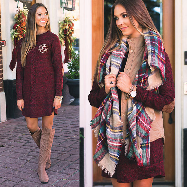 monogrammed sweater dress in burgundy with riding boots, vest and scarf