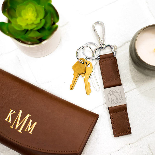 monogrammed leather key chain with monogrammed leather wallet