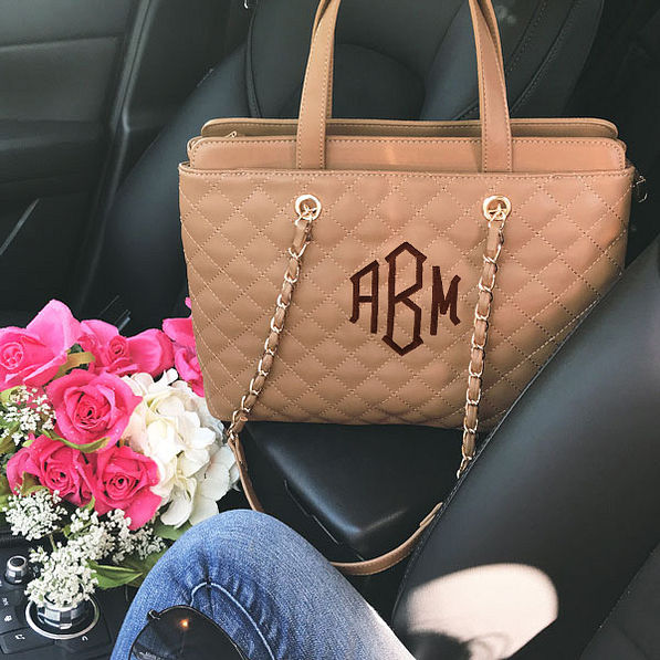 Monogrammed Quilted Handbag with Chain in Car with Flowers