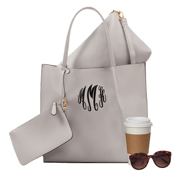 monogrammed tote set in gray