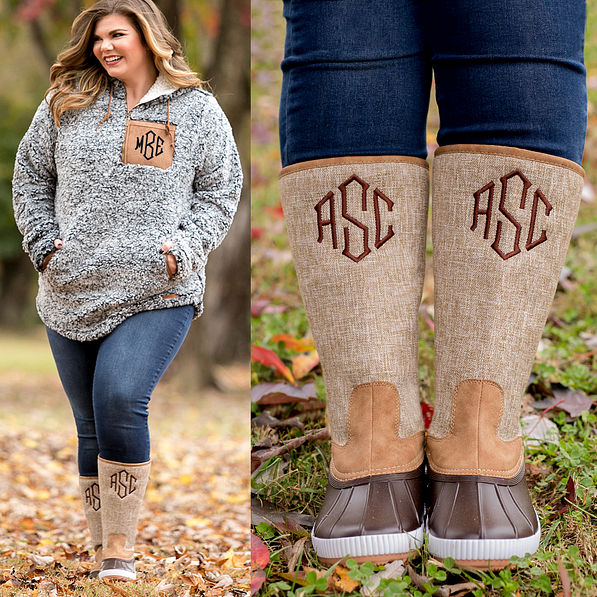 monogrammed tall duck boots on wide calf