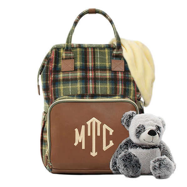monogrammed olive plaid diaper backpack