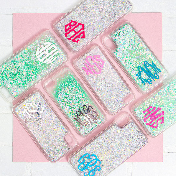 flatlay of all types of glitter phones