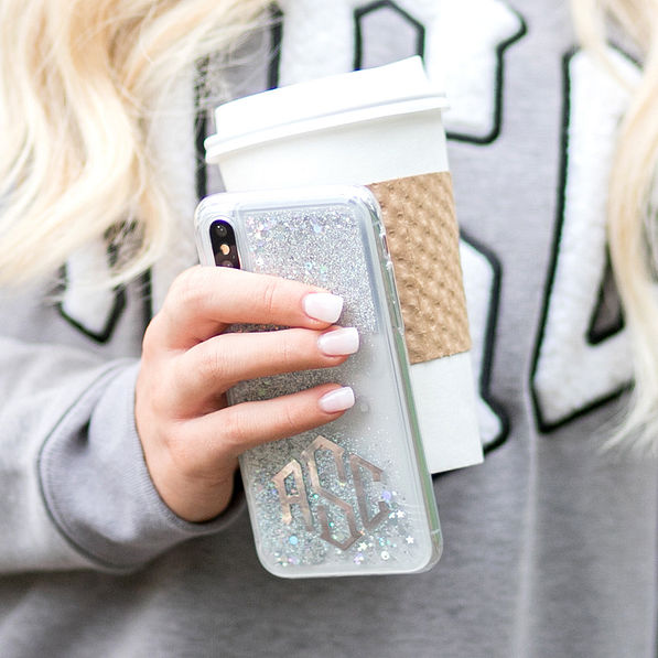 silver glitter monogrammed phone case with coffee
