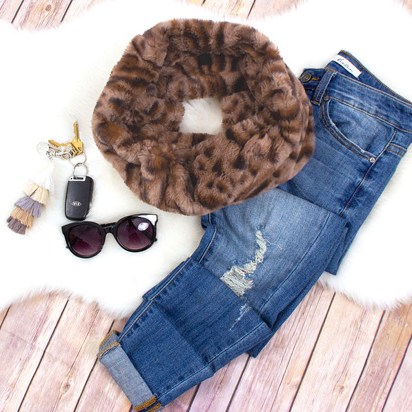 furry leopard scarf with jeans