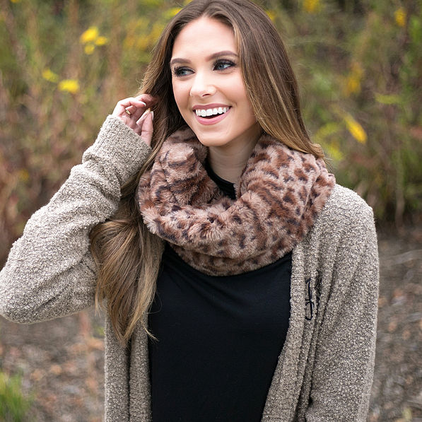 furry leopard infinity scarf with monogrammed boyfriend cardigan