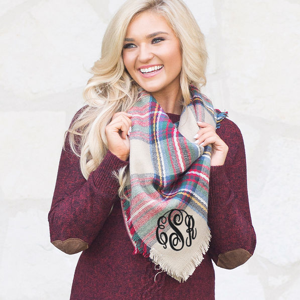 monogrammed camel plaid blanket scarf with monogrammed sweater dress