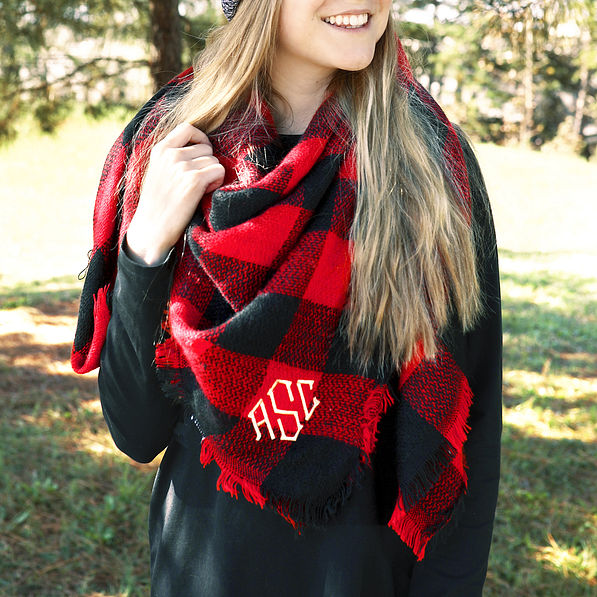 Tan Buffalo Check Blanket Scarf with Leather Detail