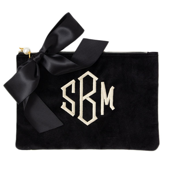 monogrammed velvet zip clutch in black